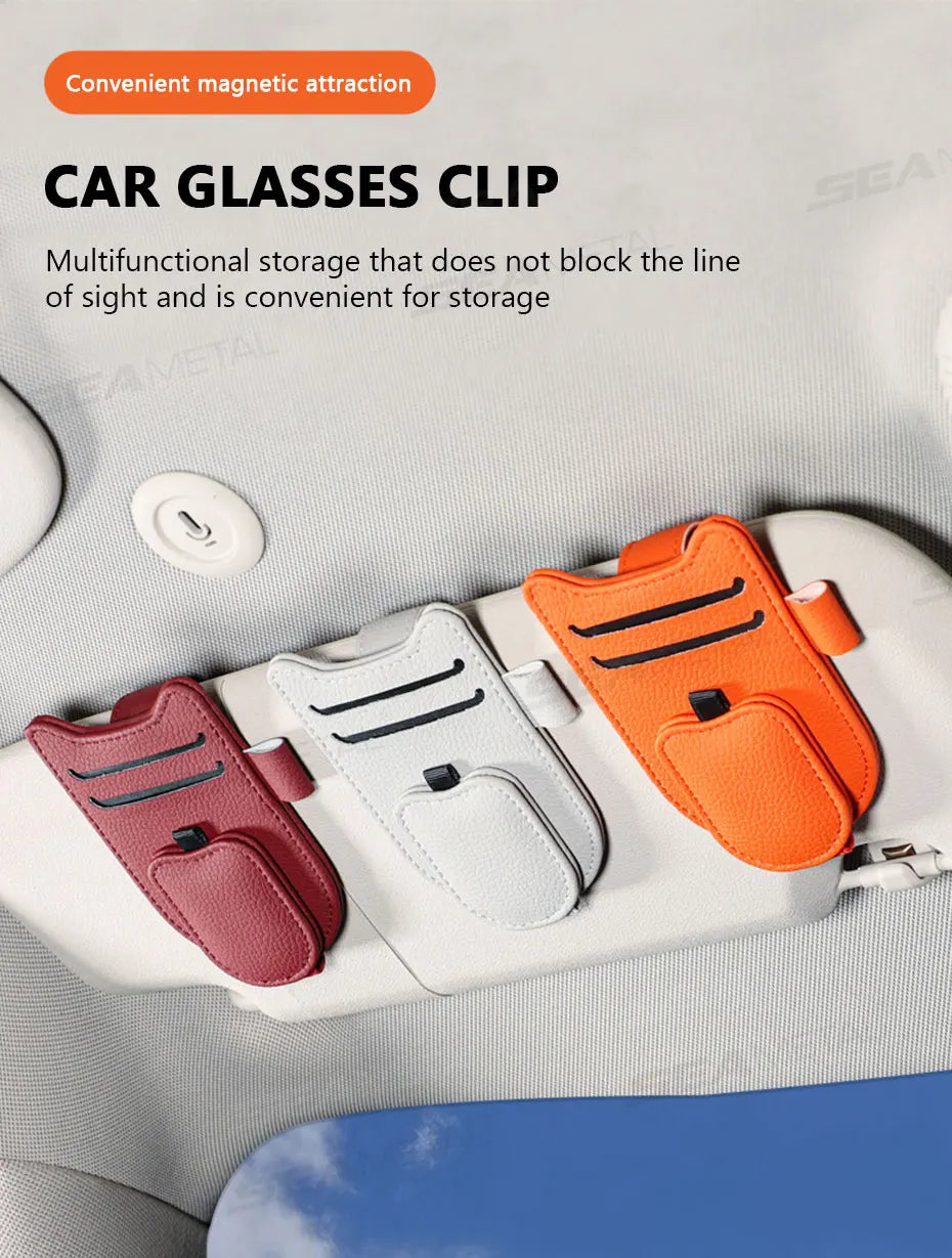 SEAMETAL Magnetic Car Sun Visor Glasses Holder – Luxury Leatherette Universal Sunglasses Hanger Clip