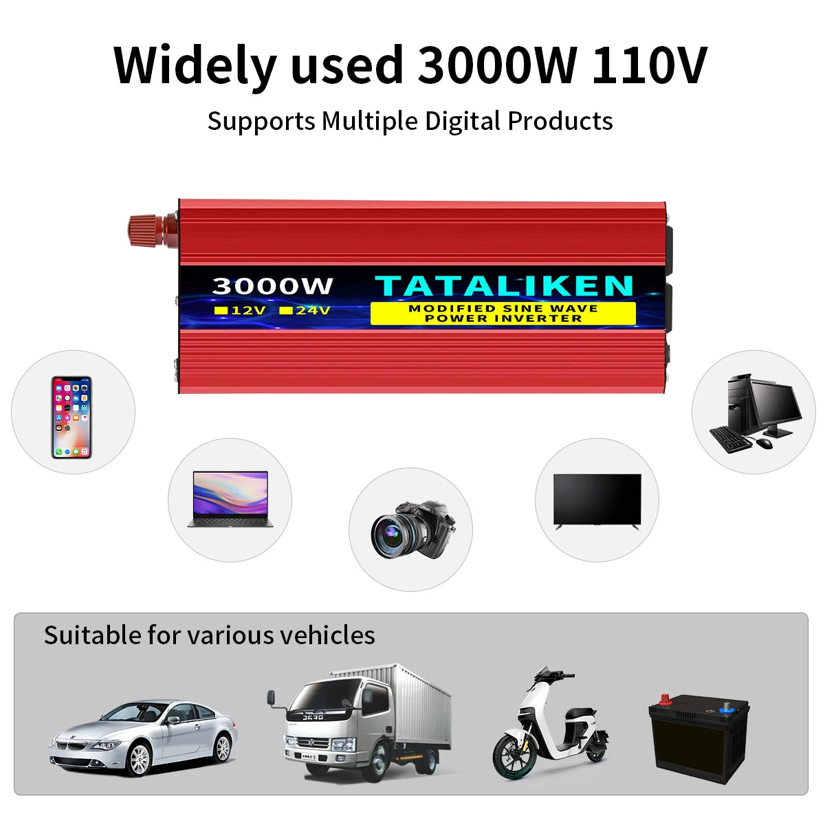 12V DC to 110V AC Power Inverter – Modified Sine Wave, 500W–4000W with LED Voltage Display