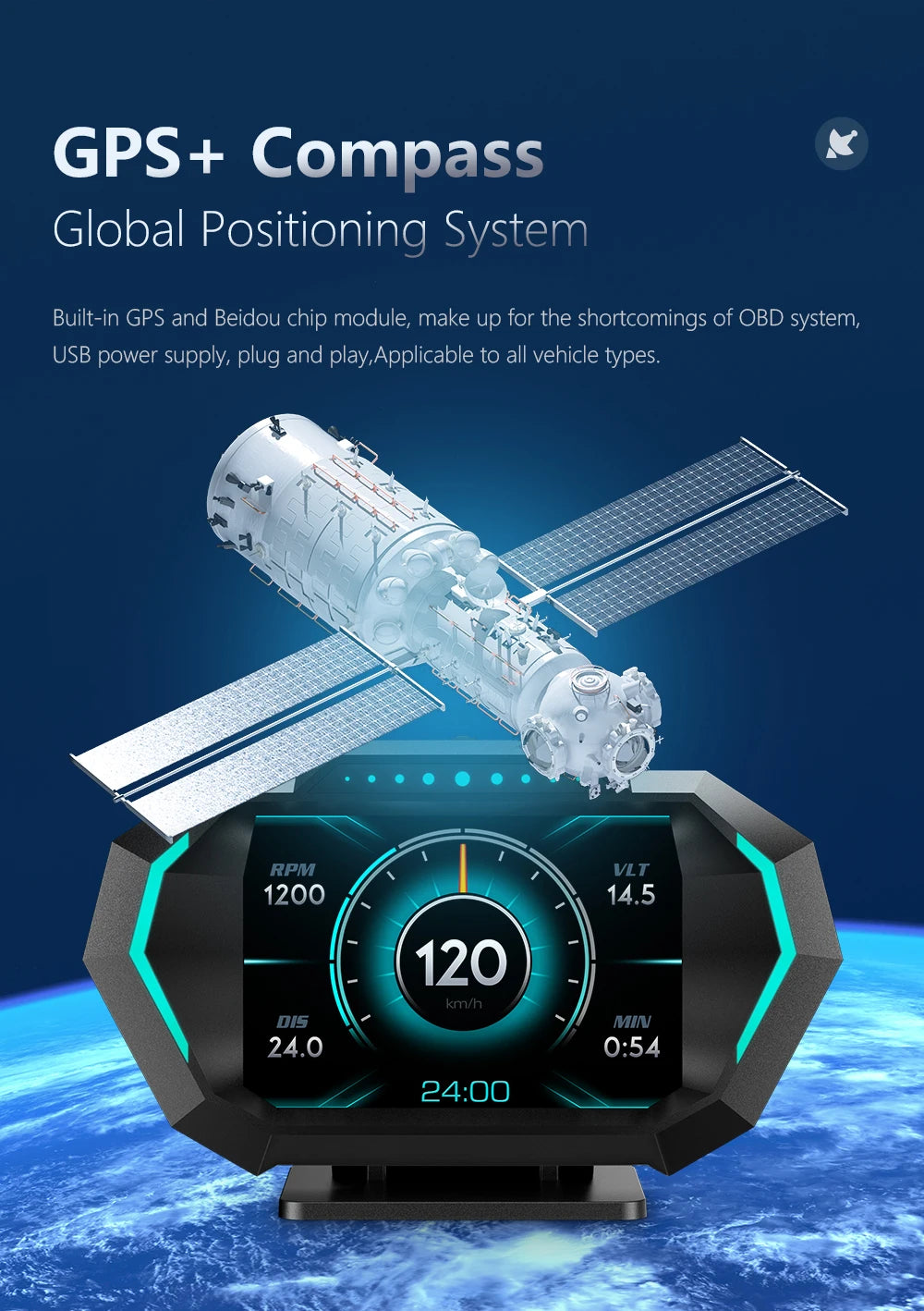 OBD + GPS P24 Car Head-Up Display (HUD) – Digital Speedometer with On-Board Computer