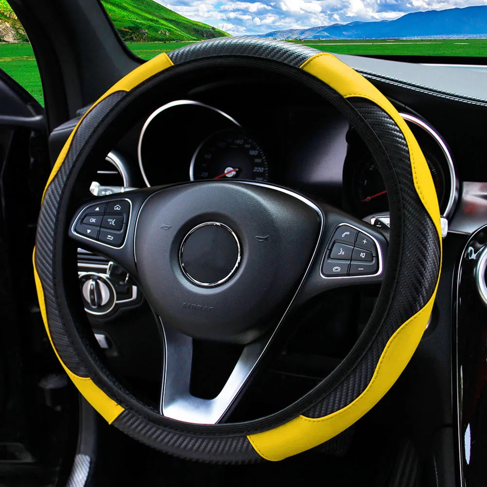 Carbon Fiber PU Leather Steering Wheel Cover for 14.5 to 15 Inch Wheels
