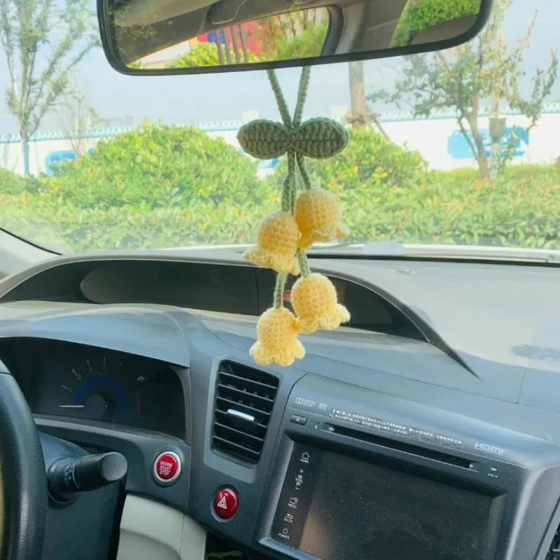 Lily Handmade Crochet Bluebell Flower Car Pendant – Rearview Mirror Hanging Keychain Accessory