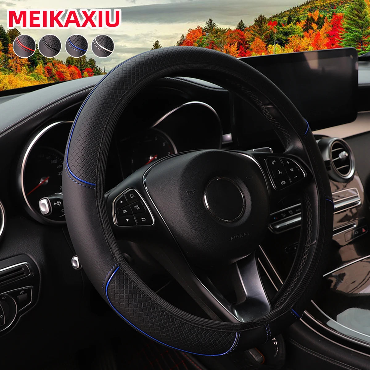 Leather Embossed Steering Wheel Cover with Red and Blue Trim