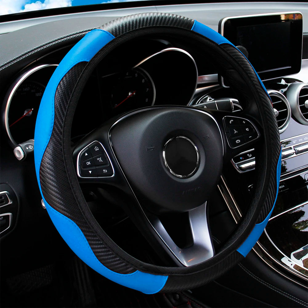 Carbon Fiber PU Leather Steering Wheel Cover for 14.5 to 15 Inch Wheels