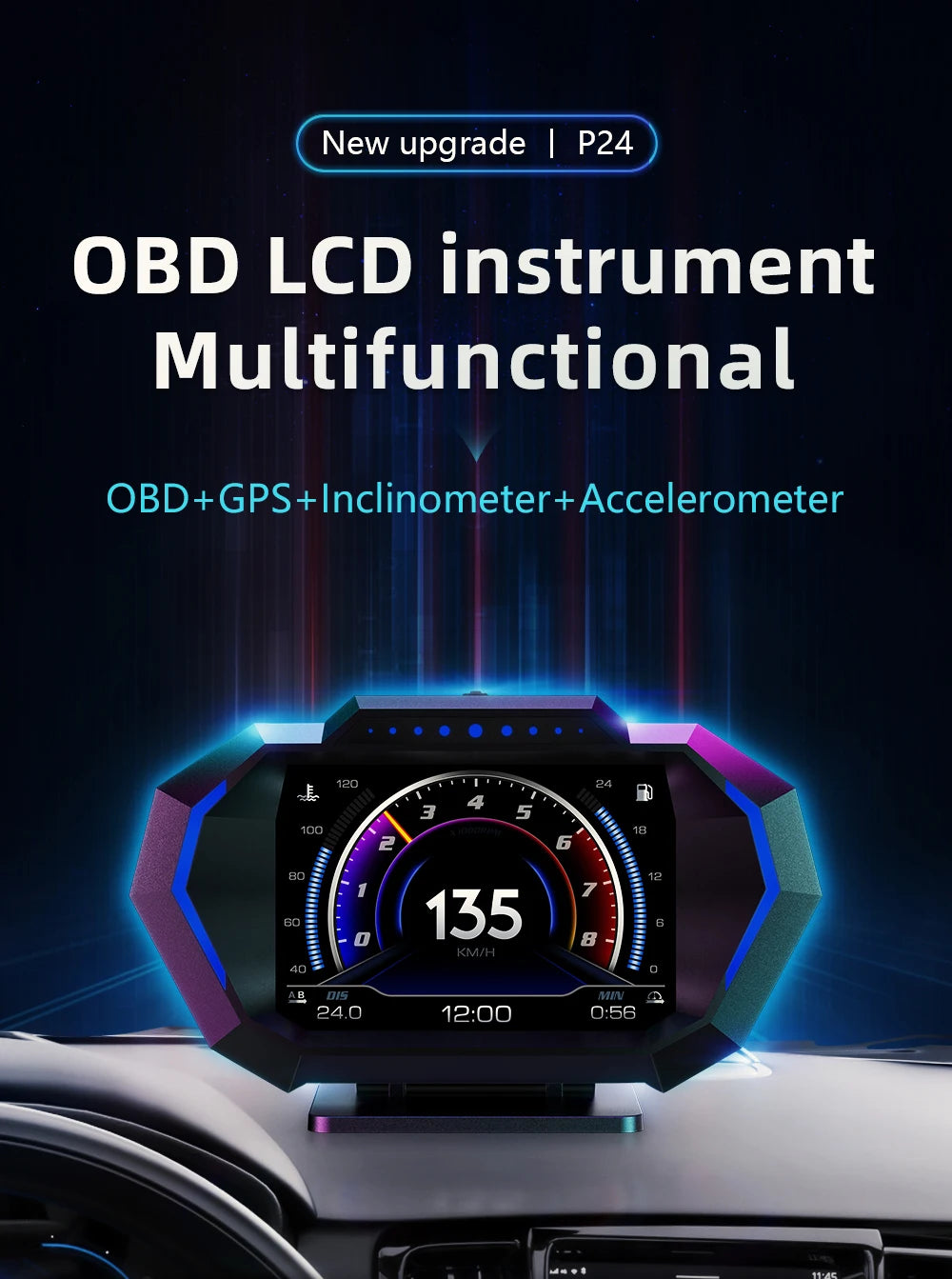 OBD + GPS P24 Car Head-Up Display (HUD) – Digital Speedometer with On-Board Computer