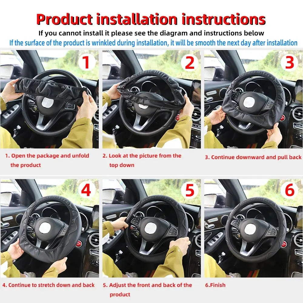 Leather Metal Strip Sporty Pop Steering Wheel Cover – Fits 14.5-15 Inch Wheels