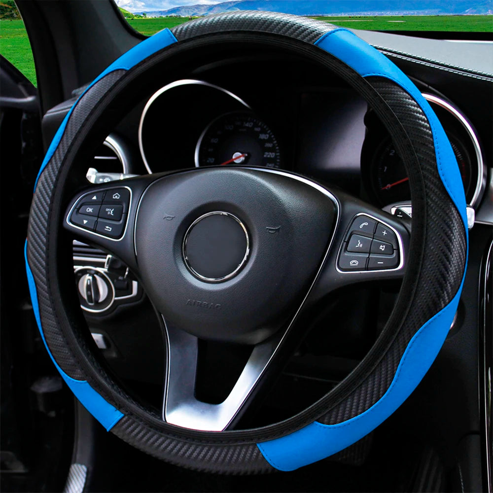 Carbon Fiber PU Leather Steering Wheel Cover for 14.5 to 15 Inch Wheels