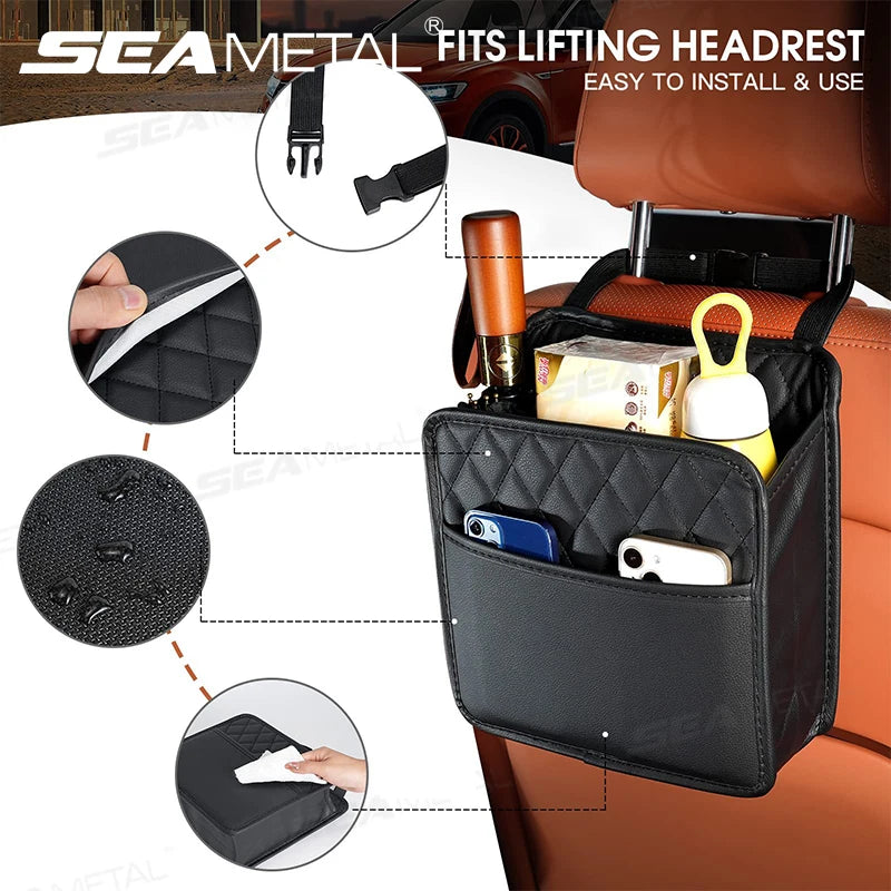 Car Seat Back Storage Box – Universal Hanging Headrest Organizer with Foldable Pockets
