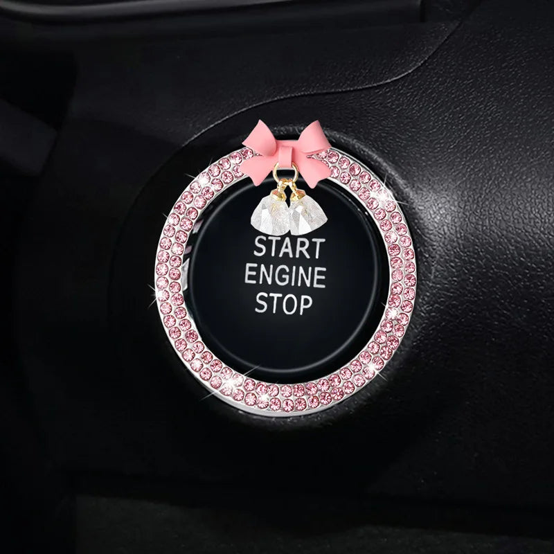Rhinestone Bow Bell Car Start Switch Button Cover – Decorative Diamond Sticker Ring Trim