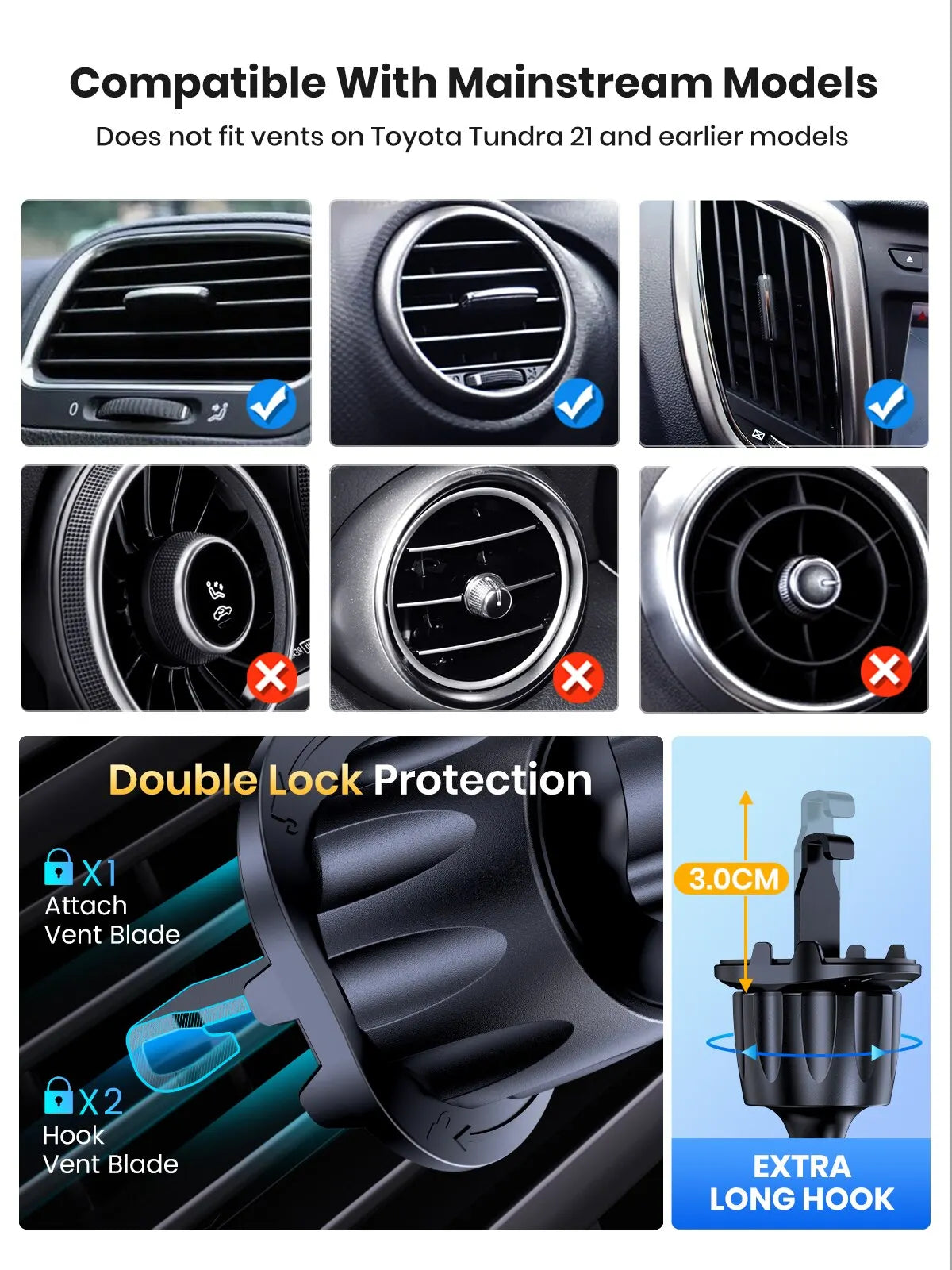 Universal Car Phone Holder for Air Vent with Gravity Clamp Design