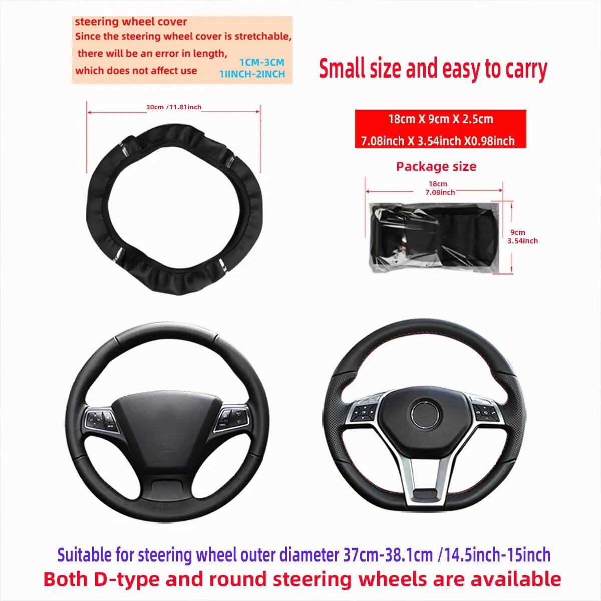 Leather Metal Strip Sporty Pop Steering Wheel Cover – Fits 14.5-15 Inch Wheels