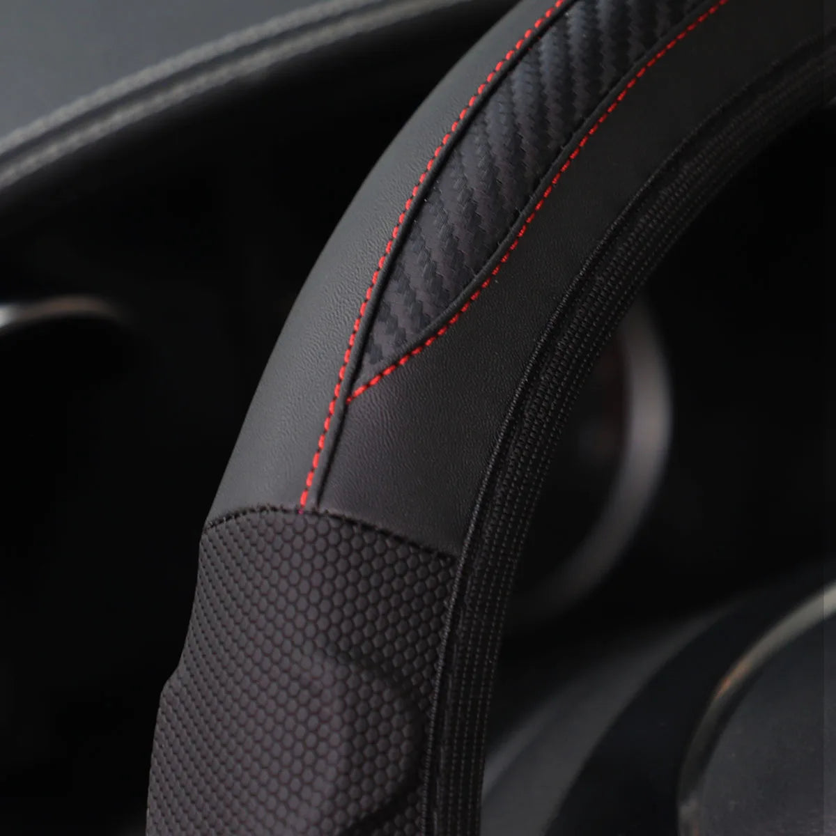 Carbon Fiber Pattern Silicone Leather Steering Wheel Cover for 14.5 to 15 Inch Wheels