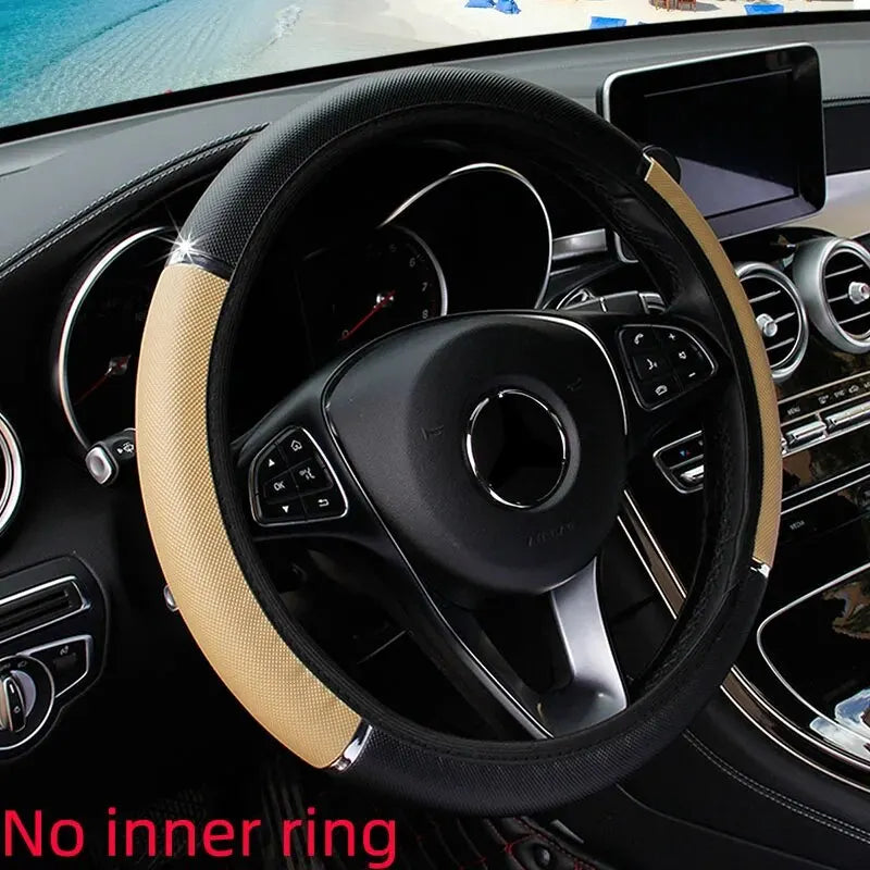 Leather Metal Strip Sporty Pop Steering Wheel Cover – Fits 14.5-15 Inch Wheels