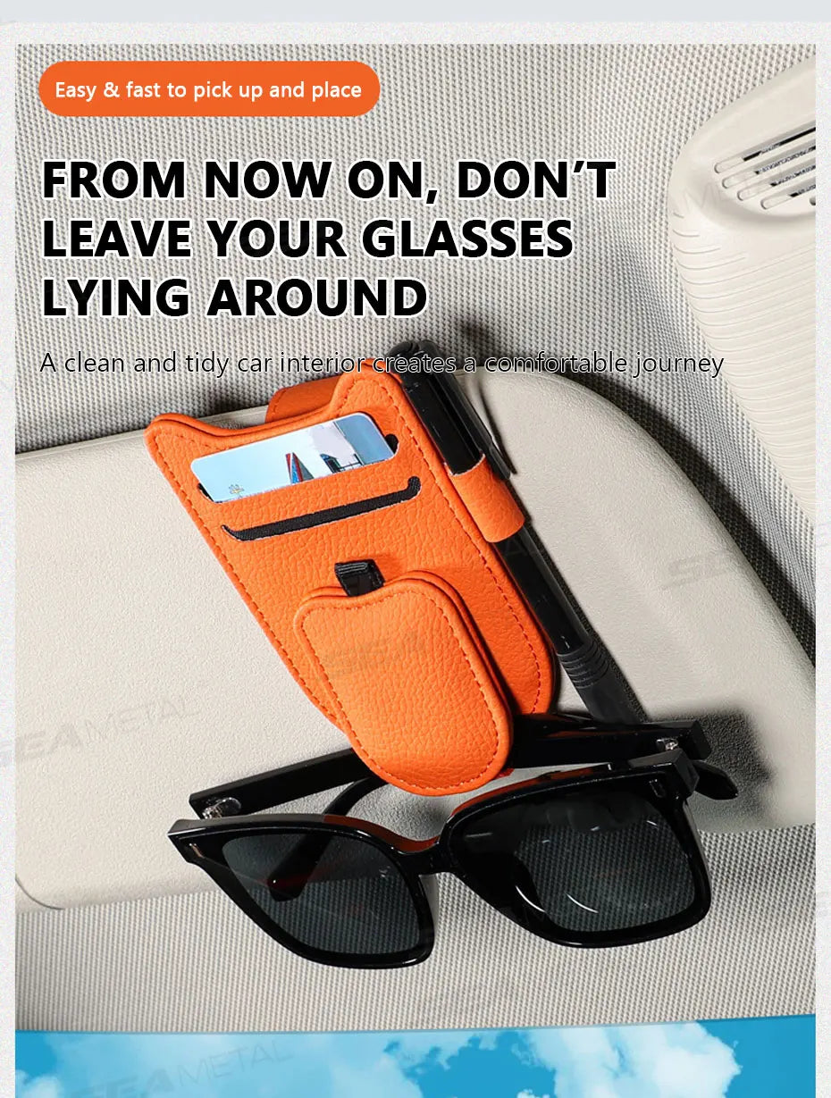 SEAMETAL Magnetic Car Sun Visor Glasses Holder – Luxury Leatherette Universal Sunglasses Hanger Clip