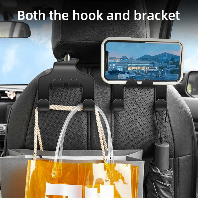 Car Headrest Hook with Phone Holder – Back Seat Organizer and Mobile Stand