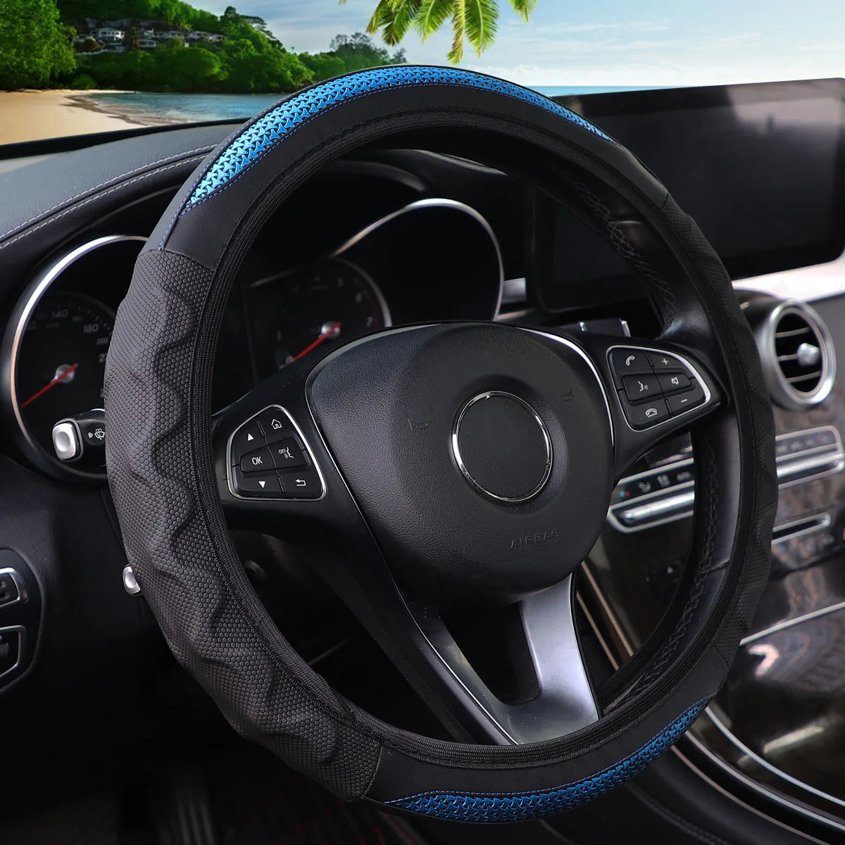 Carbon Fiber Pattern Silicone Leather Steering Wheel Cover for 14.5 to 15 Inch Wheels