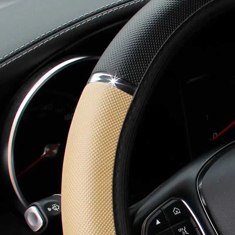 Leather Metal Strip Sporty Pop Steering Wheel Cover – Fits 14.5-15 Inch Wheels