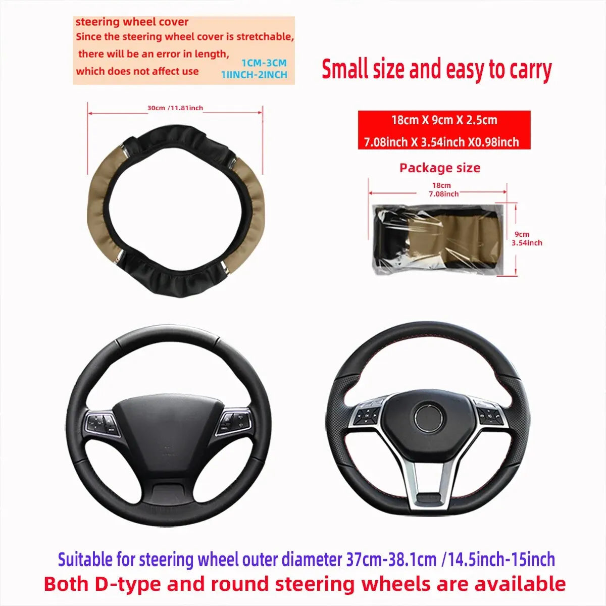 Leather Metal Strip Sporty Pop Steering Wheel Cover – Fits 14.5-15 Inch Wheels
