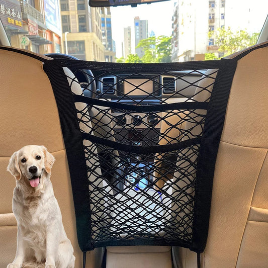 Car Mesh Seat Organizer and Pet Barrier with Pockets – 3 Layer Storage Net for Front Seats