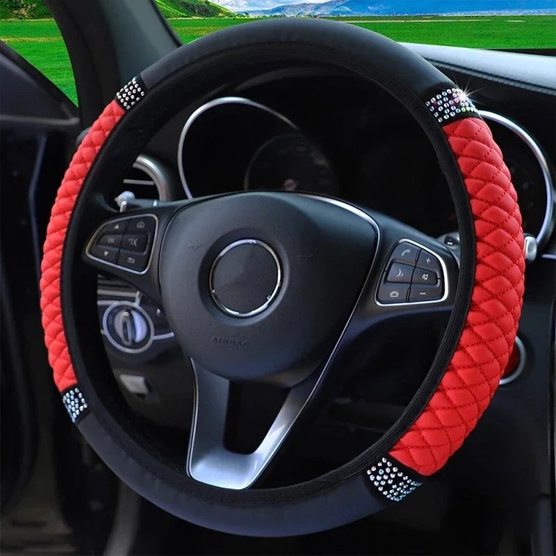 Luxury Diamond Embroidered Leather Steering Wheel Cover