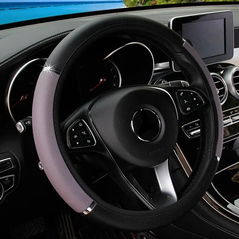 Leather Metal Strip Sporty Pop Steering Wheel Cover – Fits 14.5-15 Inch Wheels