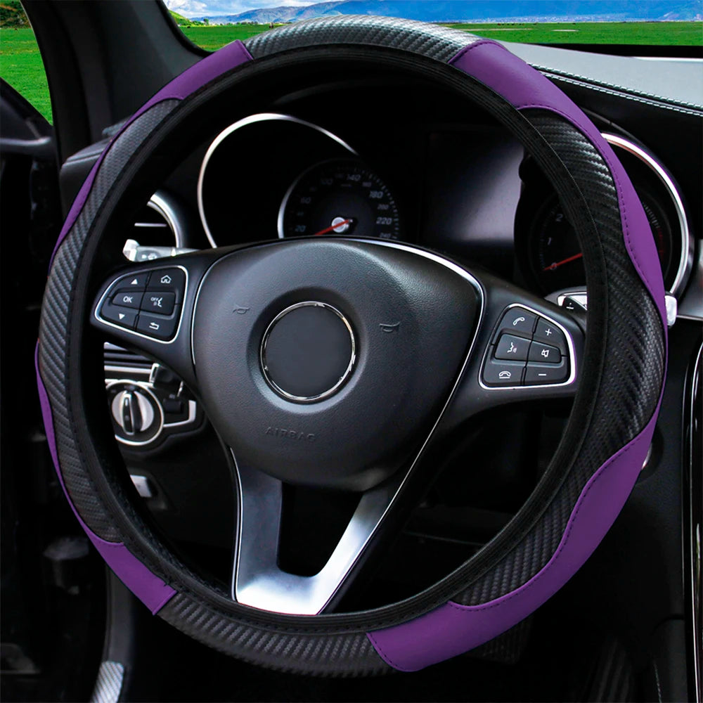 Carbon Fiber PU Leather Steering Wheel Cover for 14.5 to 15 Inch Wheels