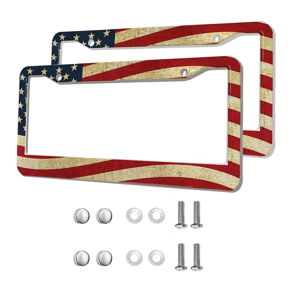 2-Pack Aluminum Alloy License Plate Frames – American Flag Design with Screws, Fits U.S. Plates