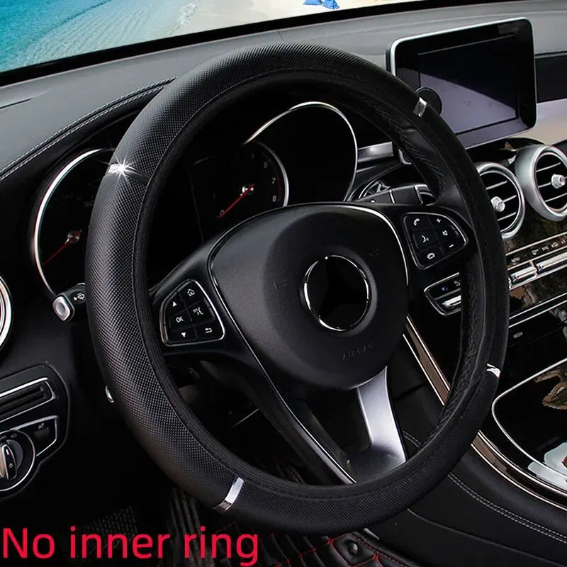 Leather Metal Strip Sporty Pop Steering Wheel Cover – Fits 14.5-15 Inch Wheels