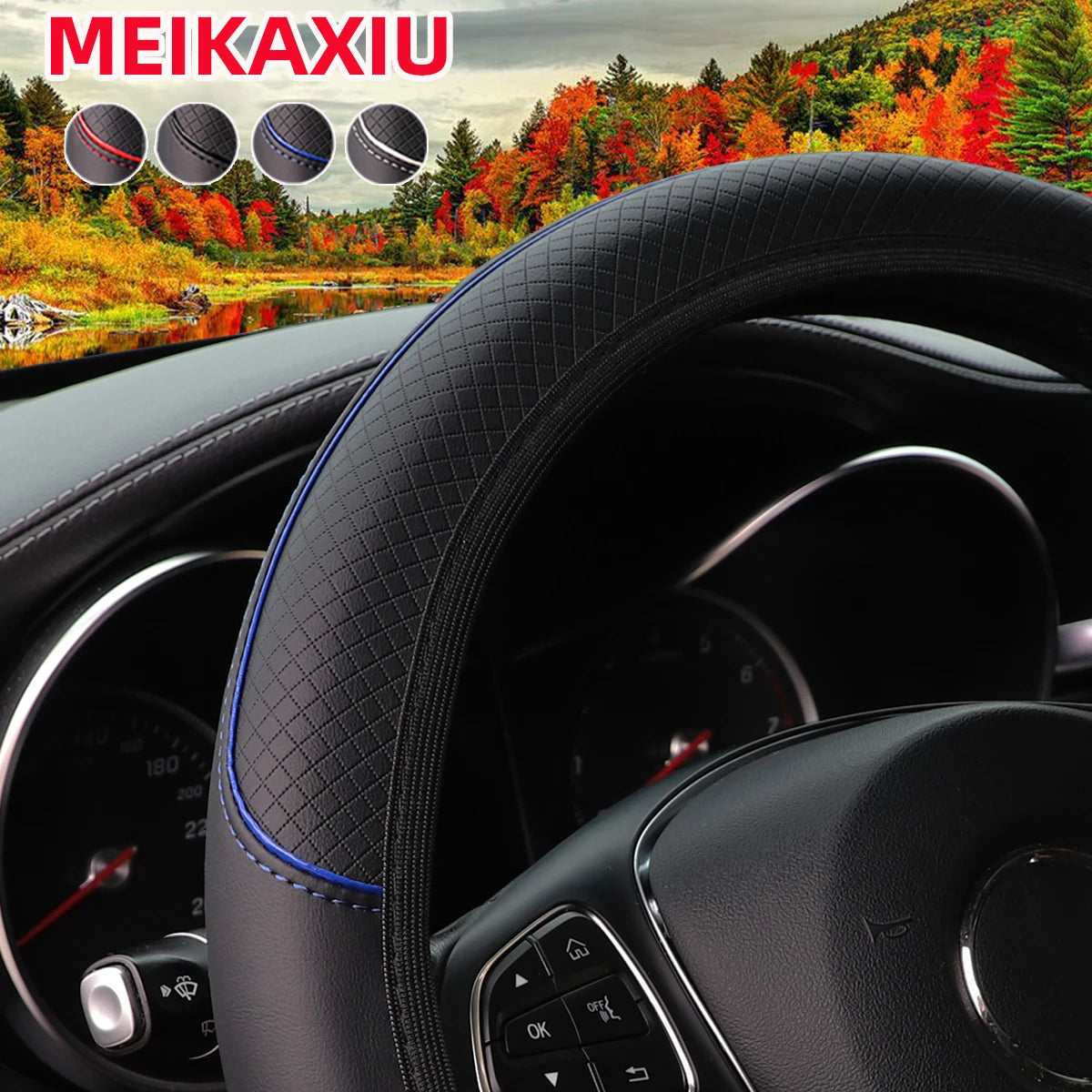 Leather Embossed Steering Wheel Cover with Red and Blue Trim