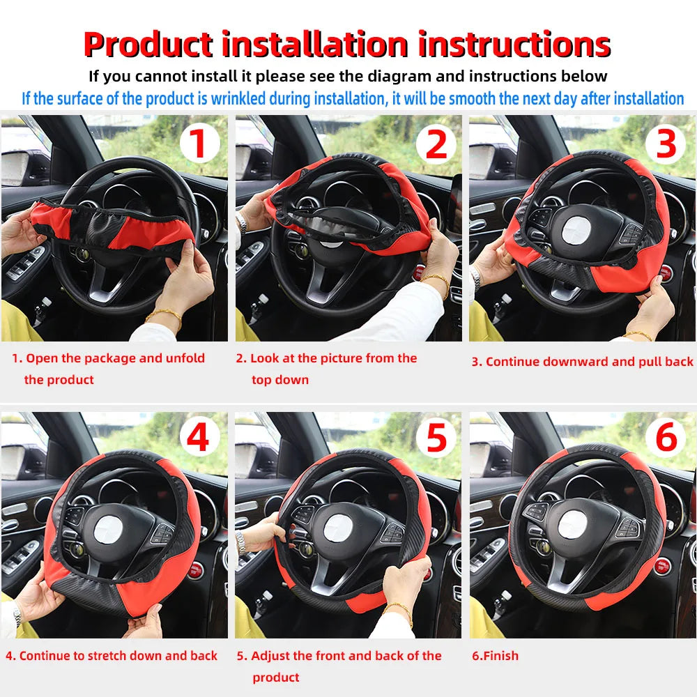 Carbon Fiber PU Leather Steering Wheel Cover for 14.5 to 15 Inch Wheels