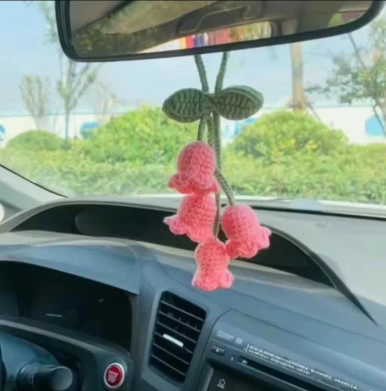 Lily Handmade Crochet Bluebell Flower Car Pendant – Rearview Mirror Hanging Keychain Accessory
