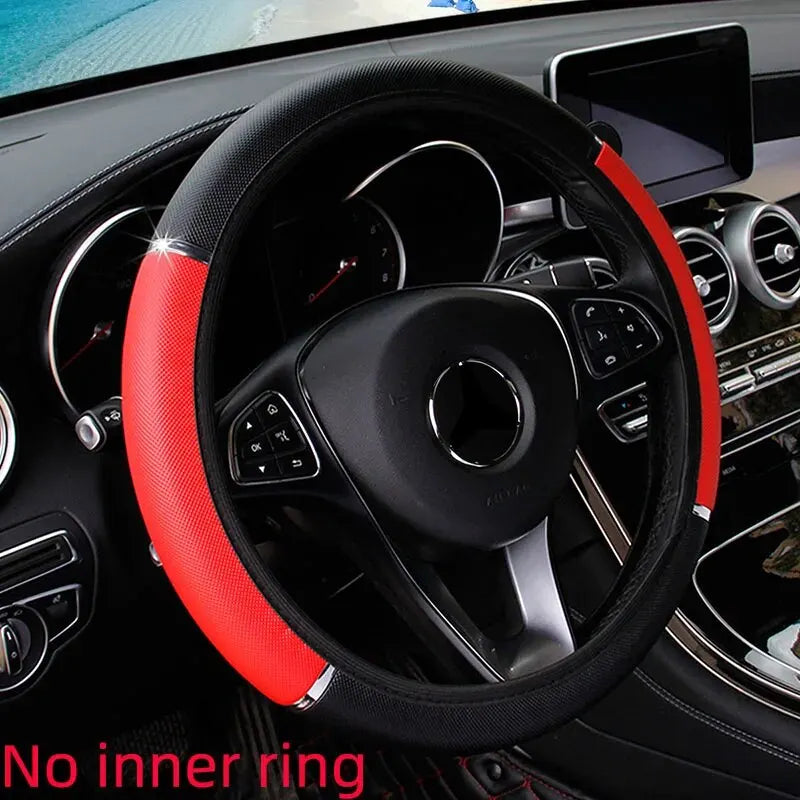 Leather Metal Strip Sporty Pop Steering Wheel Cover – Fits 14.5-15 Inch Wheels