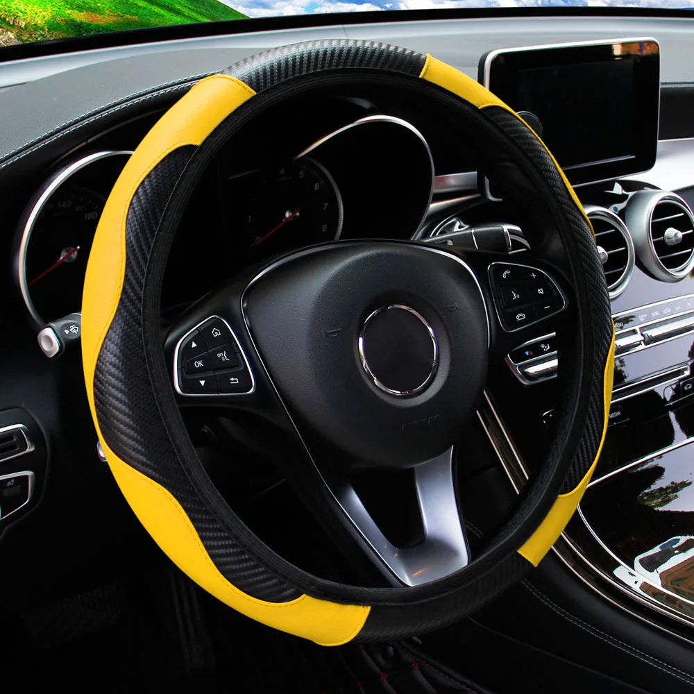 Carbon Fiber PU Leather Steering Wheel Cover for 14.5 to 15 Inch Wheels