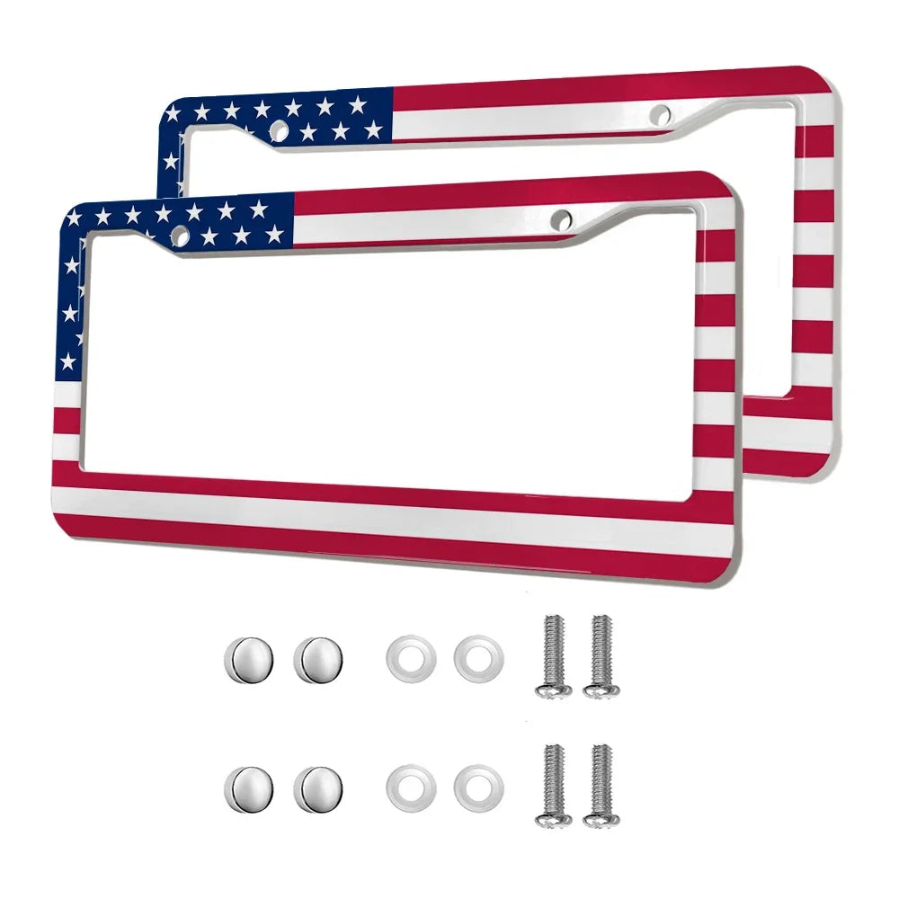 2-Pack Aluminum Alloy License Plate Frames – American Flag Design with Screws, Fits U.S. Plates