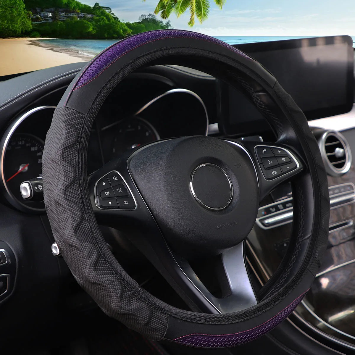 Carbon Fiber Pattern Silicone Leather Steering Wheel Cover for 14.5 to 15 Inch Wheels
