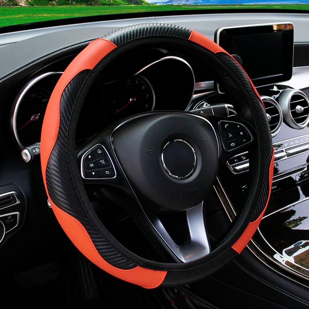 Carbon Fiber PU Leather Steering Wheel Cover for 14.5 to 15 Inch Wheels