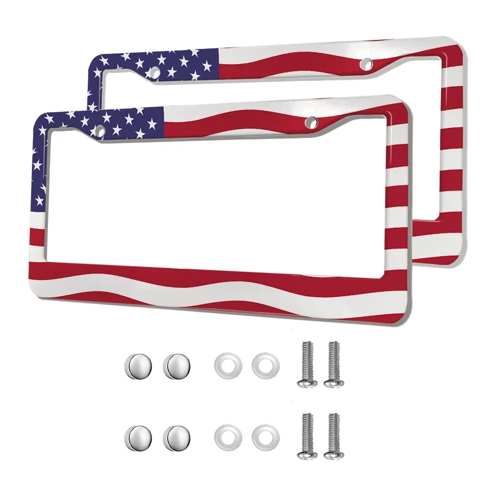 2-Pack Aluminum Alloy License Plate Frames – American Flag Design with Screws, Fits U.S. Plates