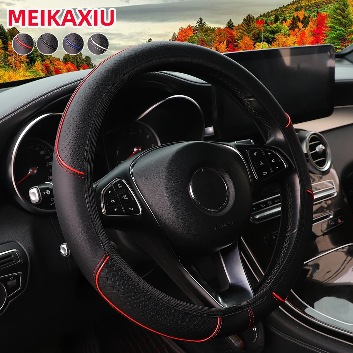 Leather Embossed Steering Wheel Cover with Red and Blue Trim