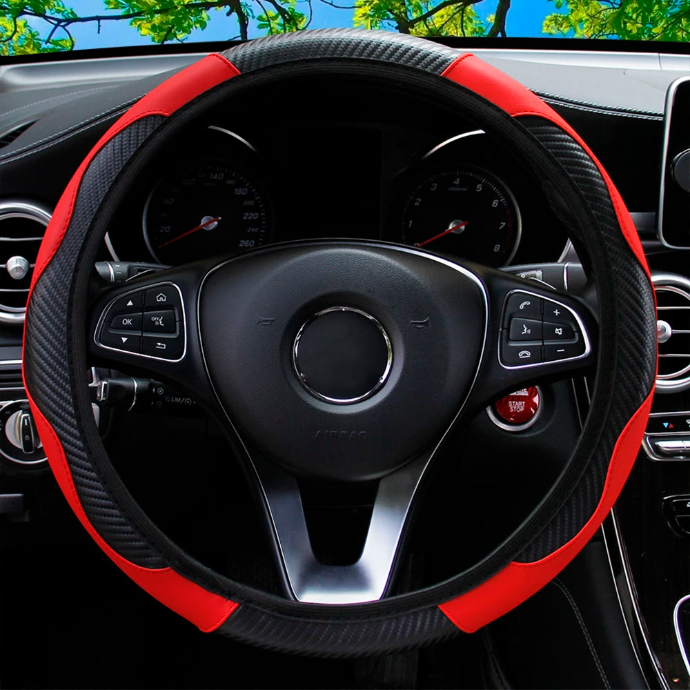 Carbon Fiber PU Leather Steering Wheel Cover for 14.5 to 15 Inch Wheels