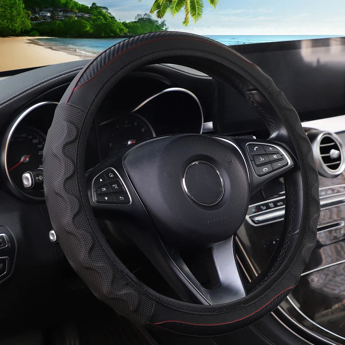 Carbon Fiber Pattern Silicone Leather Steering Wheel Cover for 14.5 to 15 Inch Wheels