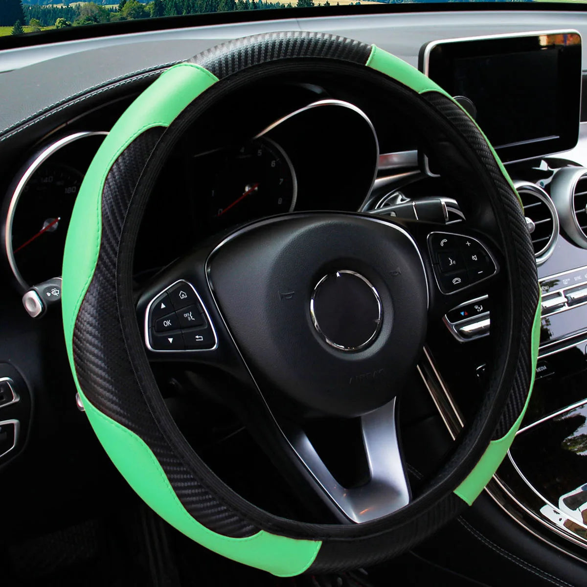 Carbon Fiber PU Leather Steering Wheel Cover for 14.5 to 15 Inch Wheels
