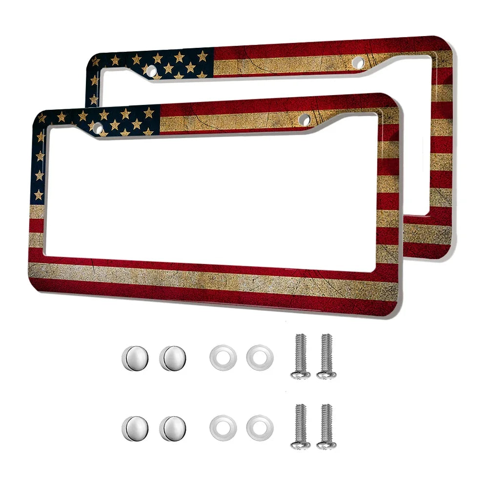 2-Pack Aluminum Alloy License Plate Frames – American Flag Design with Screws, Fits U.S. Plates