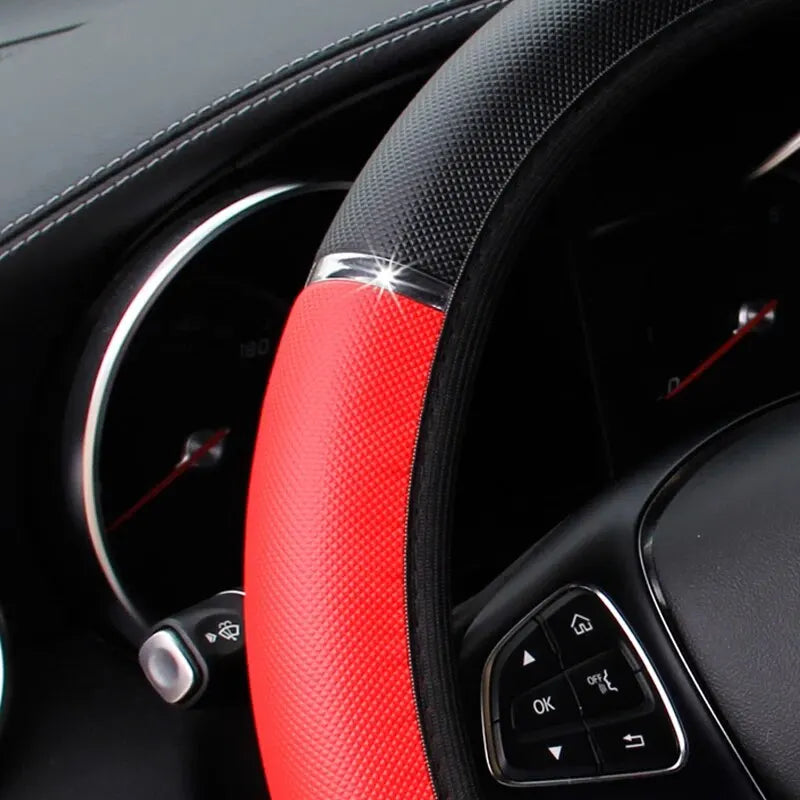 Leather Metal Strip Sporty Pop Steering Wheel Cover – Fits 14.5-15 Inch Wheels