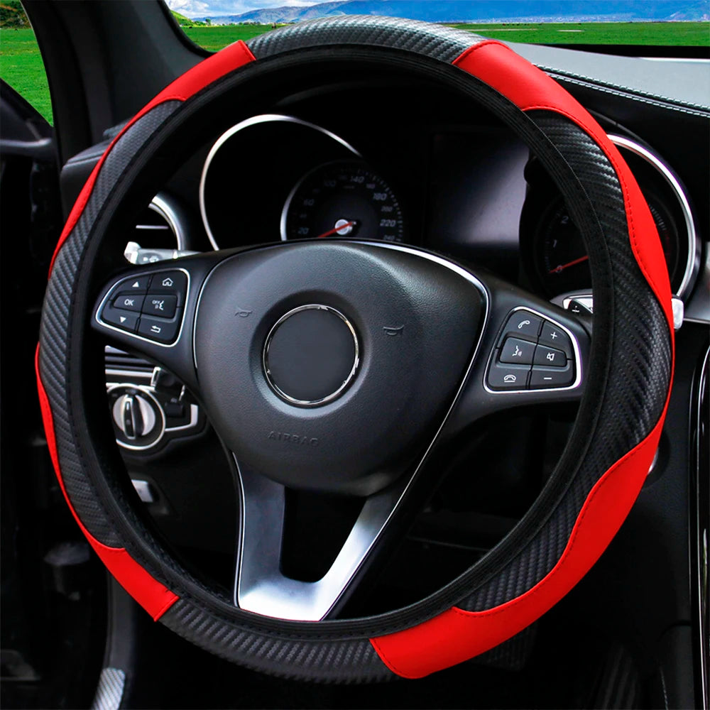 Carbon Fiber PU Leather Steering Wheel Cover for 14.5 to 15 Inch Wheels