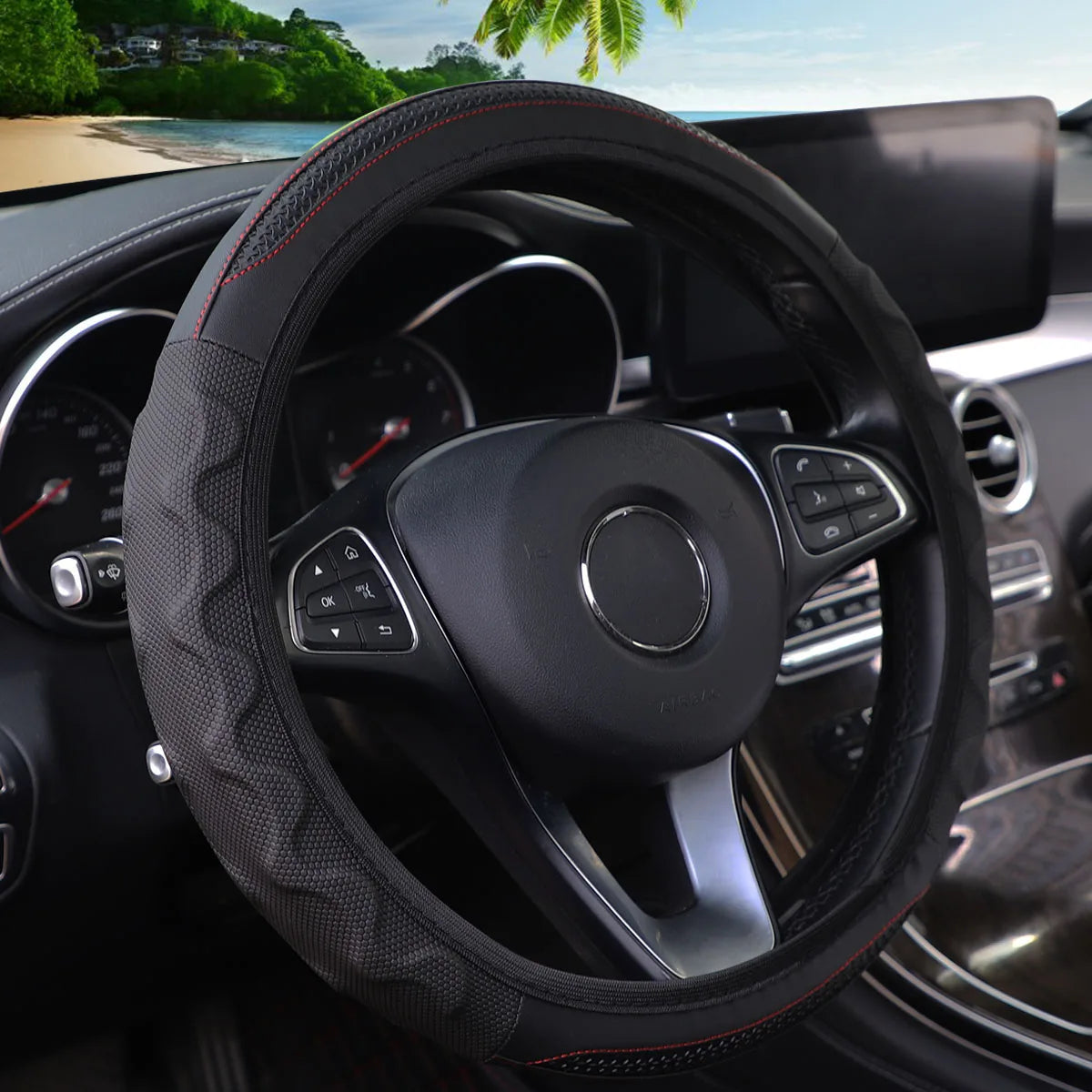 Carbon Fiber Pattern Silicone Leather Steering Wheel Cover for 14.5 to 15 Inch Wheels