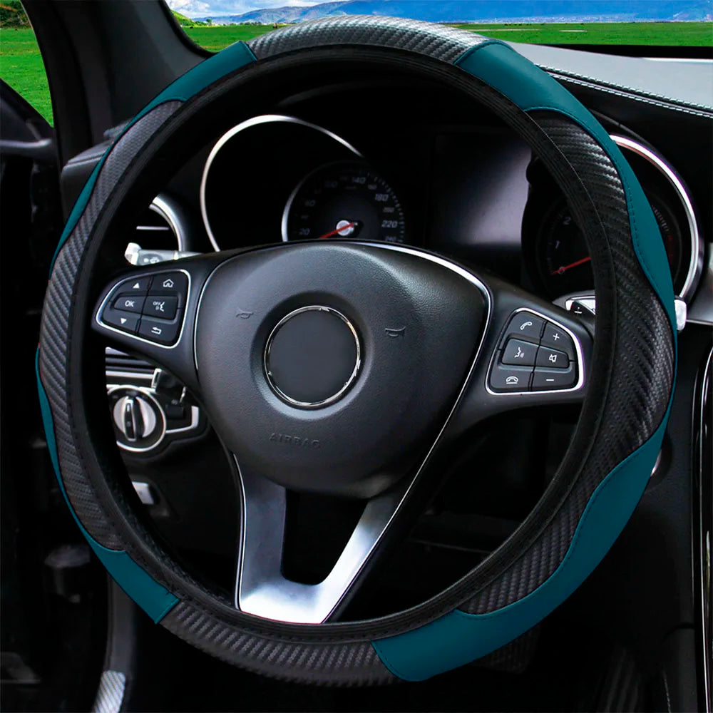 Carbon Fiber PU Leather Steering Wheel Cover for 14.5 to 15 Inch Wheels