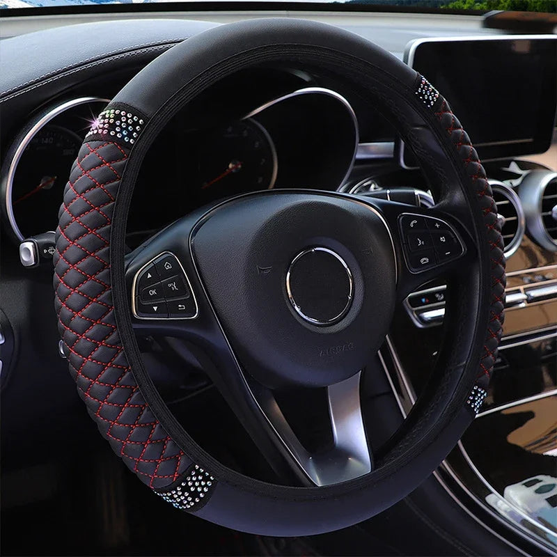 Luxury Diamond Embroidered Leather Steering Wheel Cover