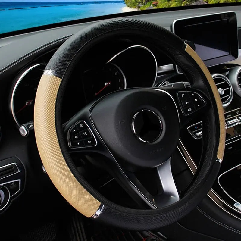 Leather Metal Strip Sporty Pop Steering Wheel Cover – Fits 14.5-15 Inch Wheels