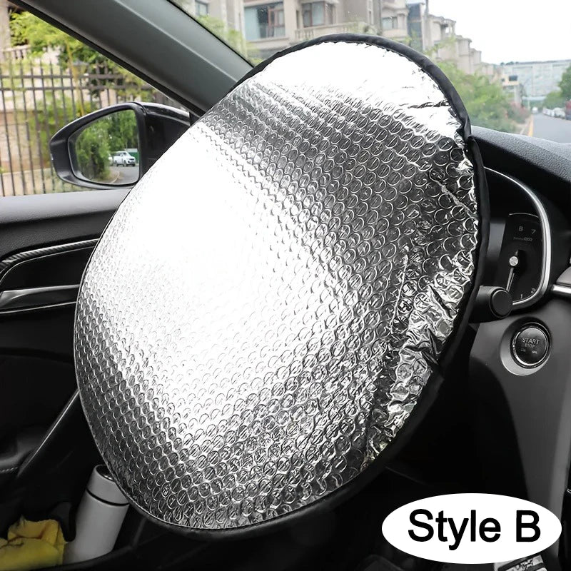 Double Thick Foldable Car Steering Wheel Sun Shade – Anti-UV Silver Cover