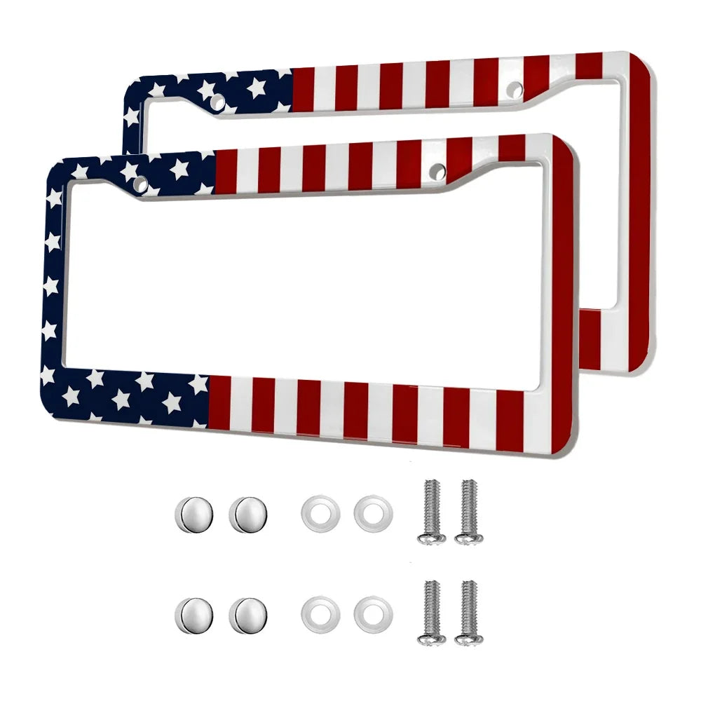2-Pack Aluminum Alloy License Plate Frames – American Flag Design with Screws, Fits U.S. Plates
