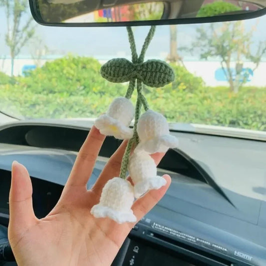 Lily Handmade Crochet Bluebell Flower Car Pendant – Rearview Mirror Hanging Keychain Accessory